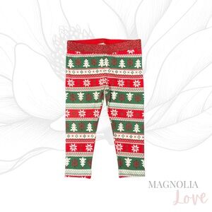 🦌 Holiday Time Red/Green Fair Isle Christmas Tree Leggings Sparkle Waistband 18M